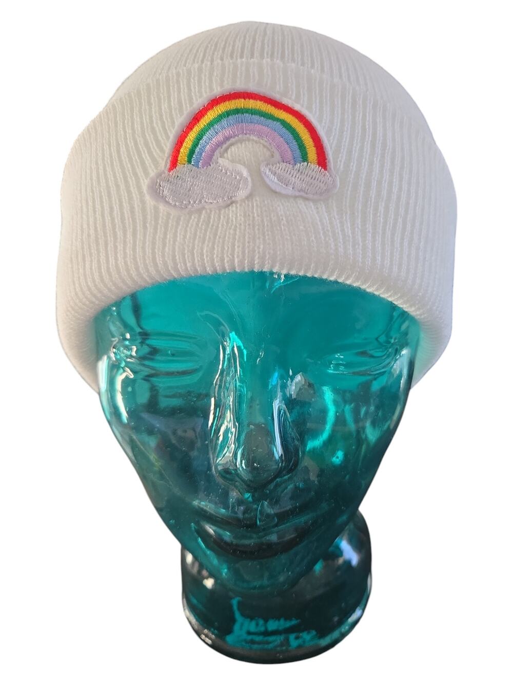 White Beanie with Rainbow and Puffy Clouds Patch | Size OS fits most